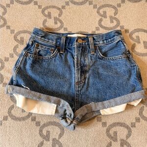 Denim Forum The Farrah Cheeky Short Mid-High Rise Blue Rolled Hem Jean Shorts,24